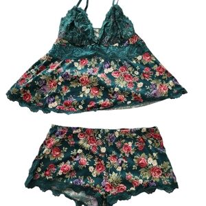 Amazon Floral Lace Chemise Set - Teal and Multicolor